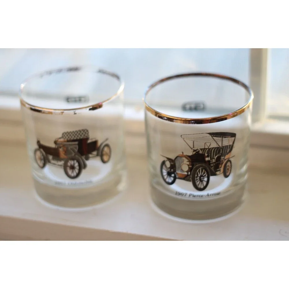 2 Classic Car Cocktail Gold Rimmed Glasses 1903 Oldsmobile 1907 Pierce Arrow GTE